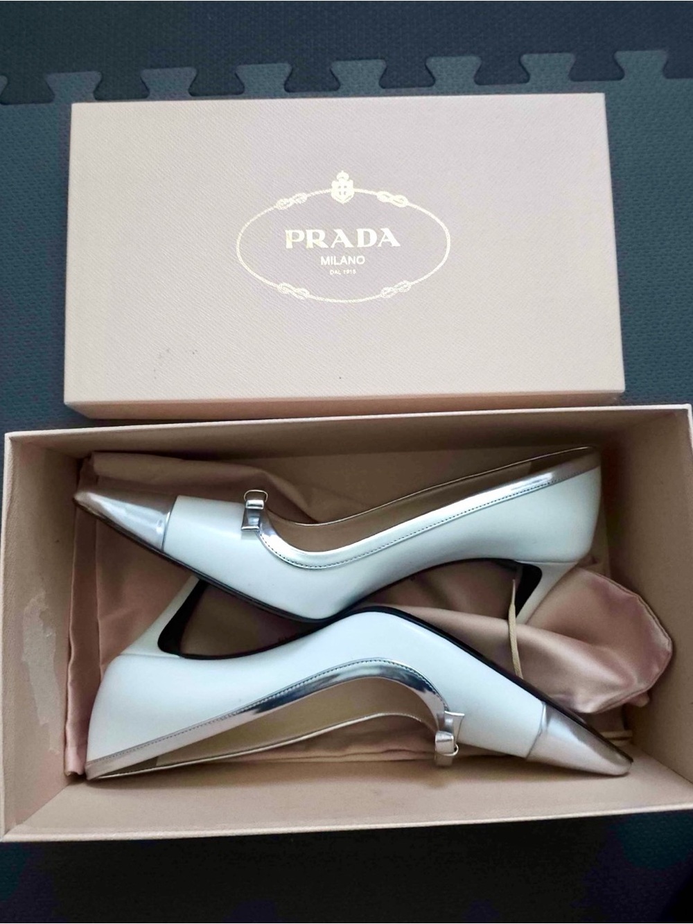 Prada White and Silver Pointed-Toe Leather Kitten Heels